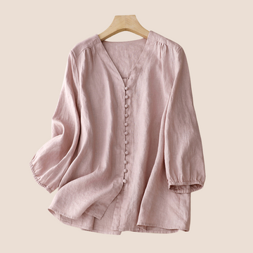 Lightweight Cotton Linen V-Neck Ruffle Blouse