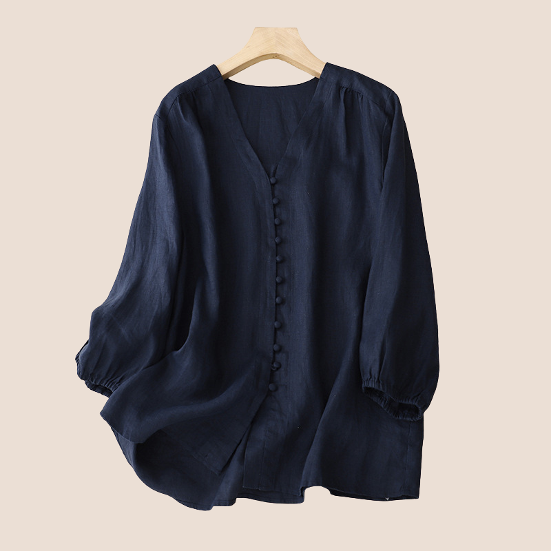 Lightweight Cotton Linen V-Neck Ruffle Blouse