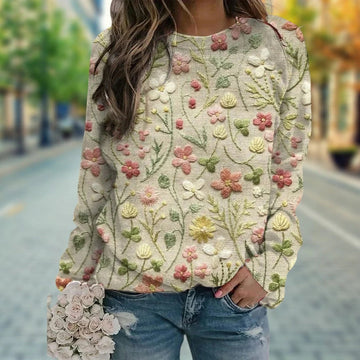 Dame Striktrøje - Blød Strik - Broderet Blomsterdesign - Rund Hals - Langærmet