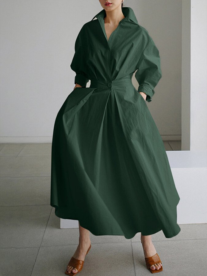 Women's Shirt Dress - Midi Length - Waistband - A-line Fit - Long Sleeves