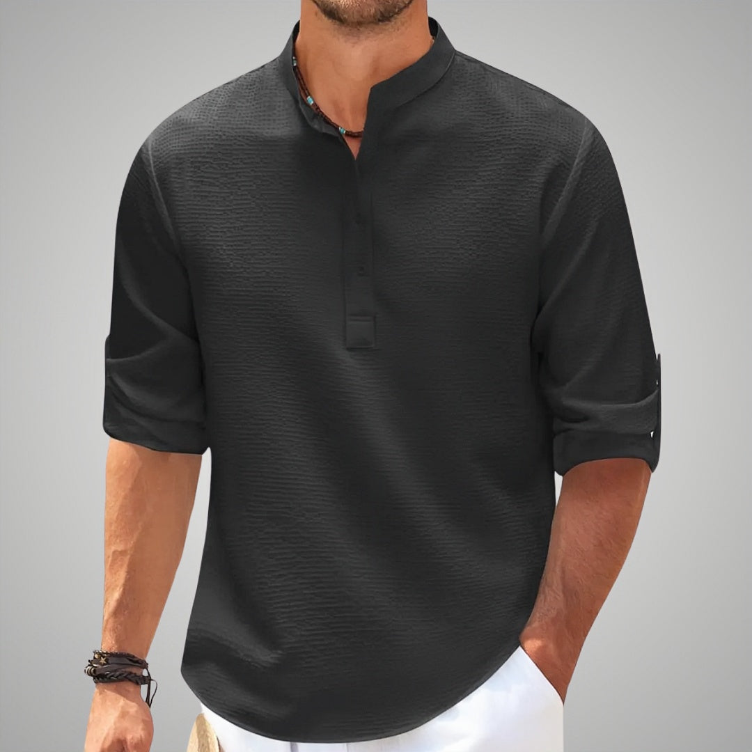 Men's Henley Shirt - Waffle Knit - Grandad Collar - Long-Sleeved - Button Closure