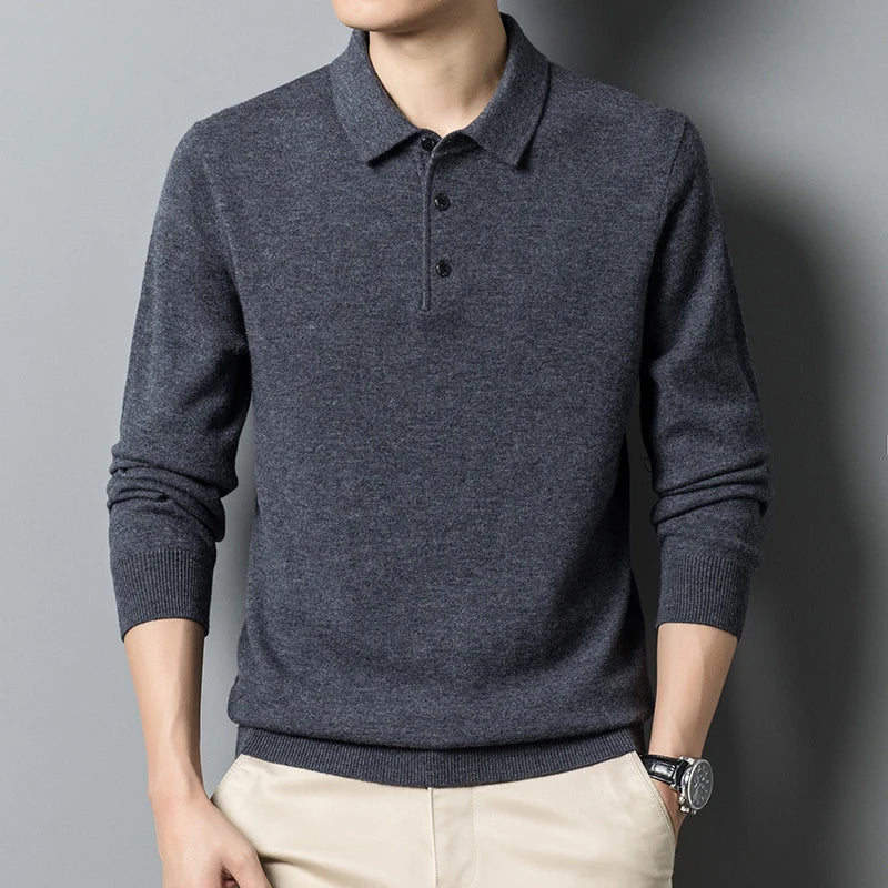 Wool Blend Ribbed Trim Polo Sweater