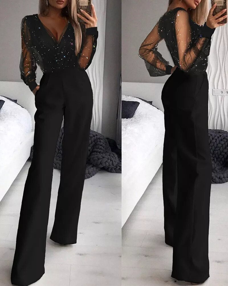 Dame Jumpsuit - Langærmet Mesh Top - Dyb V-hals - Høj Talje Vide Ben - Elegant Festlook