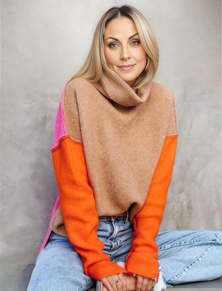Wool Blend Color Block Cowl Neck Sweatshirt