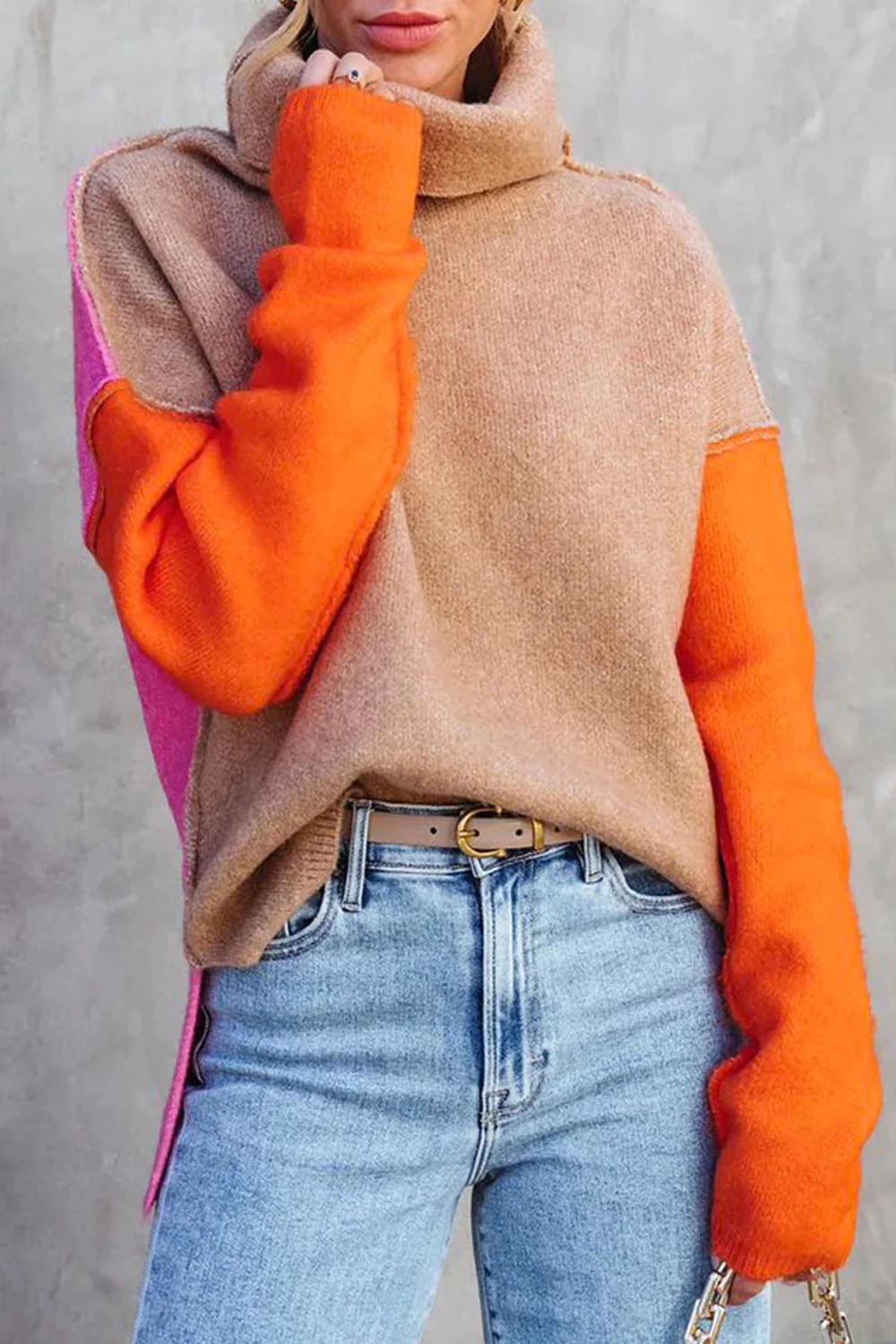 Wool Blend Color Block Cowl Neck Sweatshirt