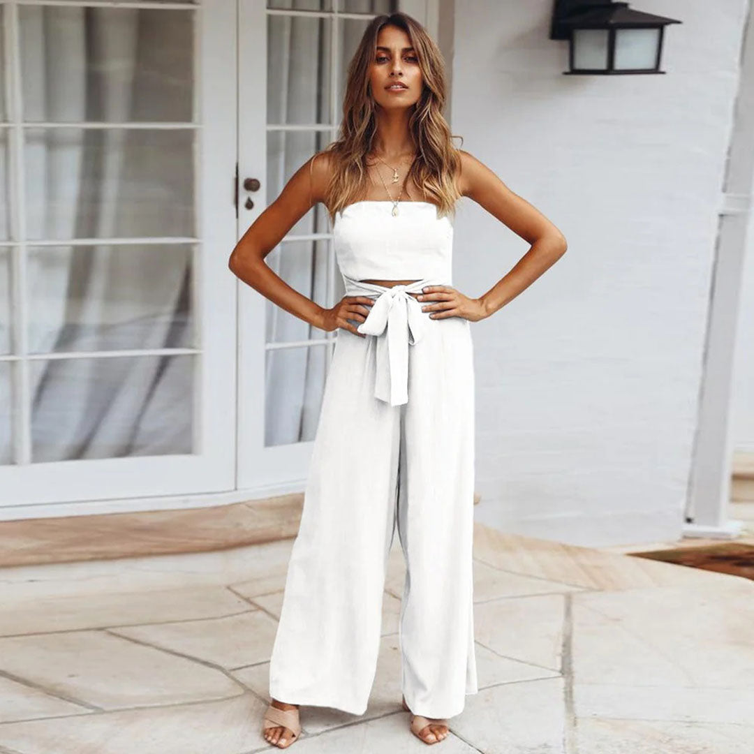 Women's Jumpsuit - Strapless - Waistband - Wide Leg Width - Elegant and Comfortable