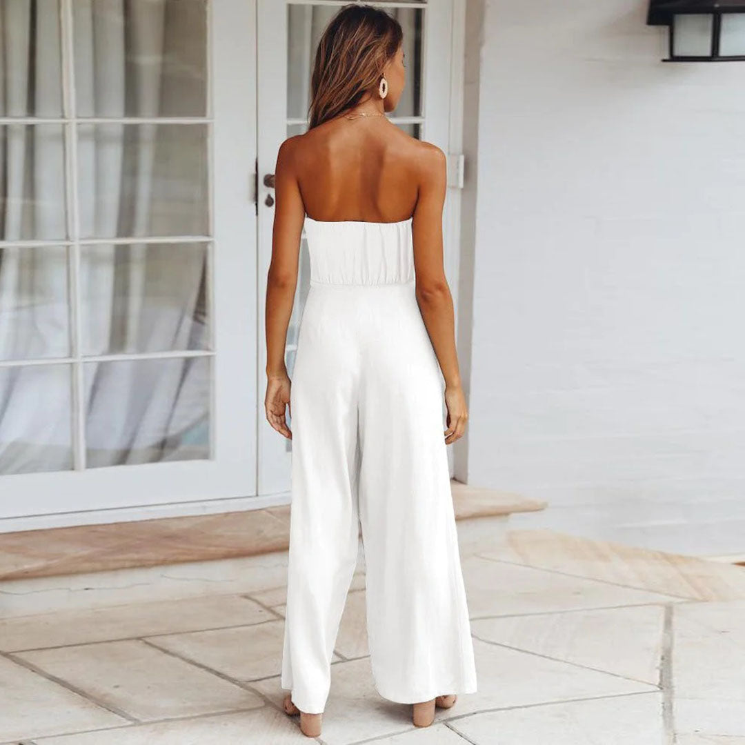 Women's Jumpsuit - Strapless - Waistband - Wide Leg Width - Elegant and Comfortable