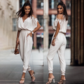 Women's Jumpsuit - Elegant V-Neck - Open Shoulder - Elastic Waist - Tight Ankles