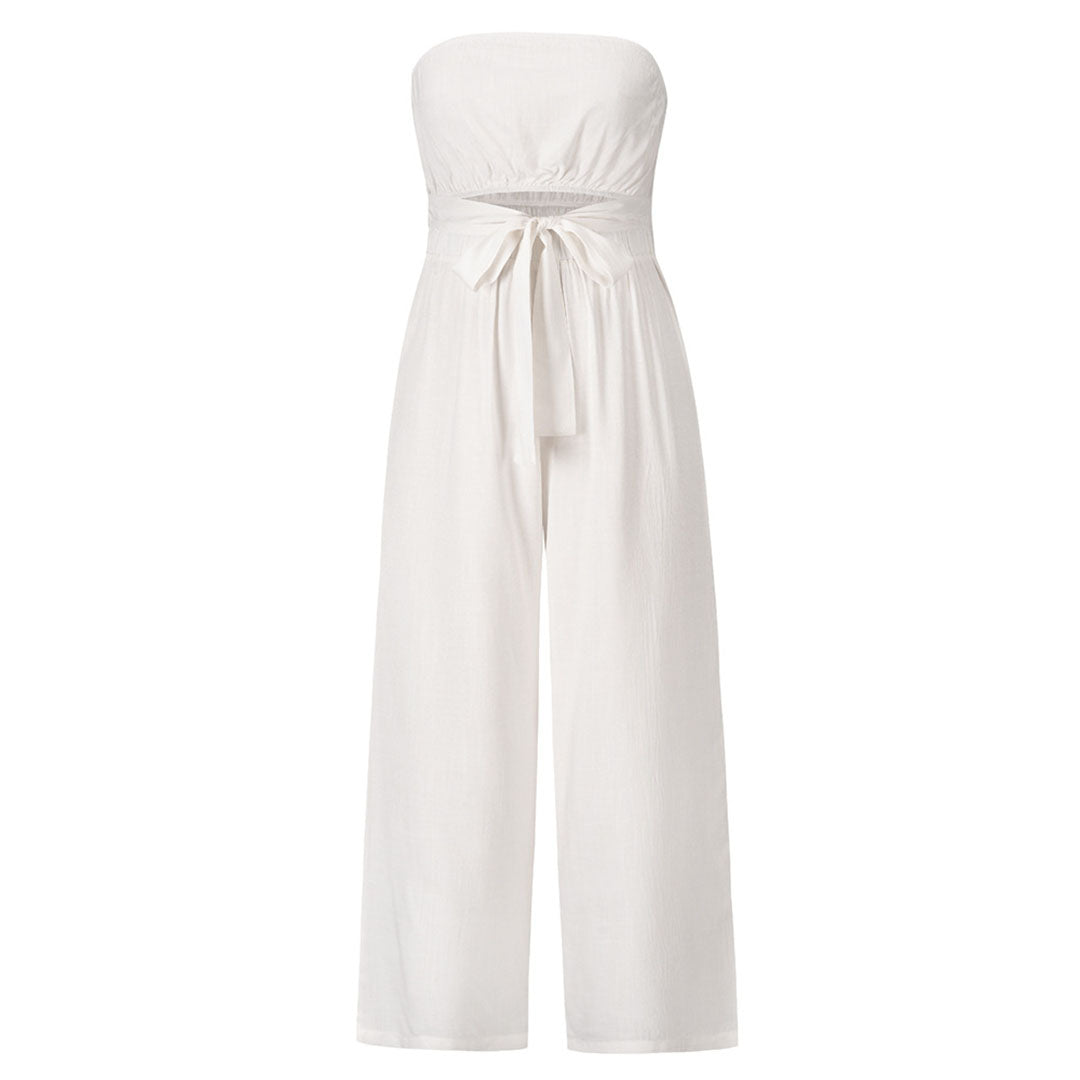 Women's Jumpsuit - Strapless - Waistband - Wide Leg Width - Elegant and Comfortable
