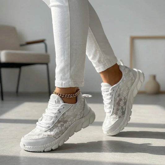 Floral Lace Mesh Sneakers with Breathable Upper and Textured Sole