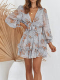 Women's Dress - Mini Fit & Flare - V-Neck Tie - Long Voluminous Sleeves - Ruffle Details