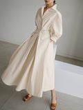 Women's Shirt Dress - Midi Length - Waistband - A-line Fit - Long Sleeves