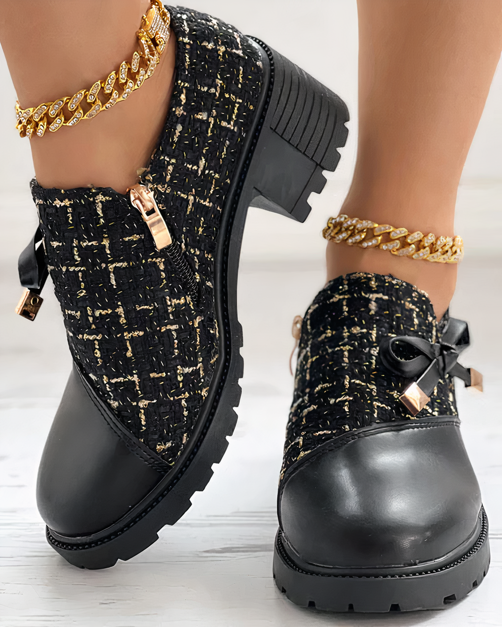Women's Boots - Chunky Heel - Texture Details - Durable Sole - Elegant Design