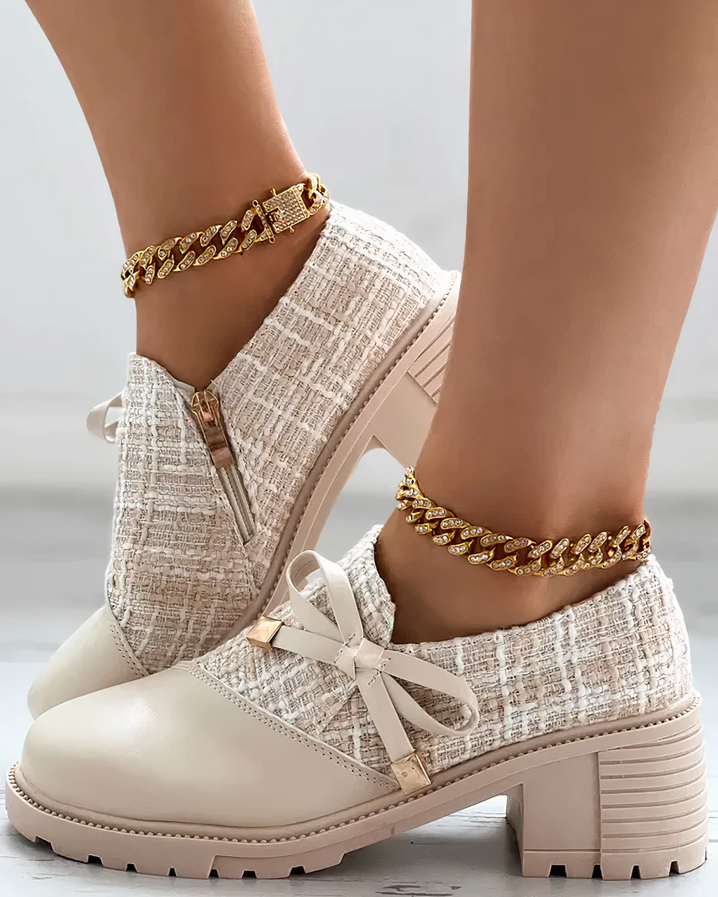 Women's Boots - Chunky Heel - Texture Details - Durable Sole - Elegant Design