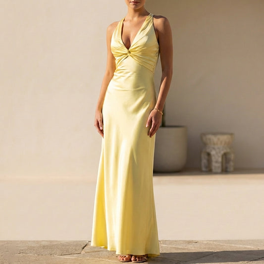 Twisted Bust Satin Maxi Dress with Dramatic Back Bow Detail