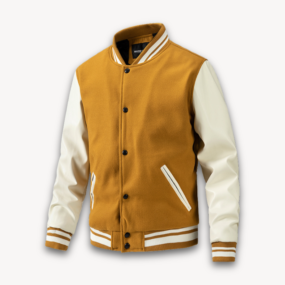 Men's varsity jacket – Classic fit – Wool-look body – Smooth leather-look sleeves – Snap button closure