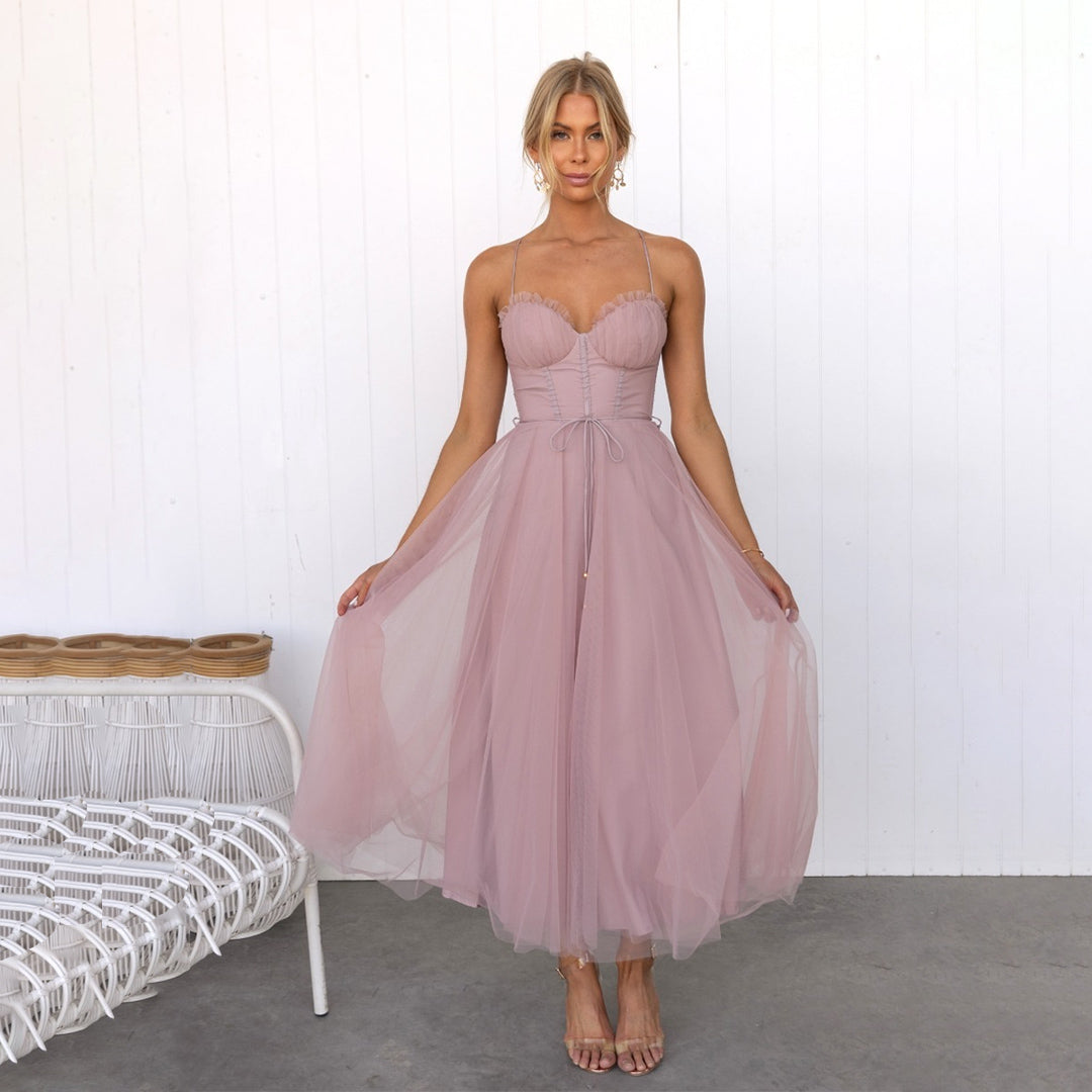 Women's Midi Dress - Strapless Sweetheart Neckline - A-line Cut - Layered Tulle