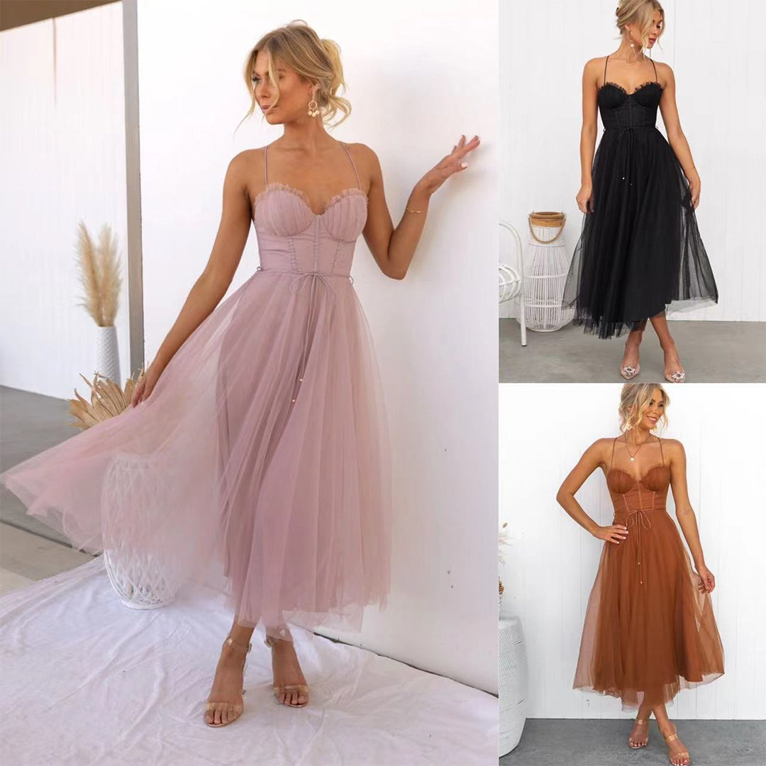 Women's Midi Dress - Strapless Sweetheart Neckline - A-line Cut - Layered Tulle