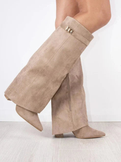 Vittoria Suede Pointed Toe Knee-High Boots | Heeled Buckle Boots