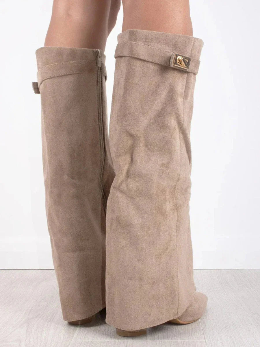 Vittoria Suede Pointed Toe Knee-High Boots | Heeled Buckle Boots