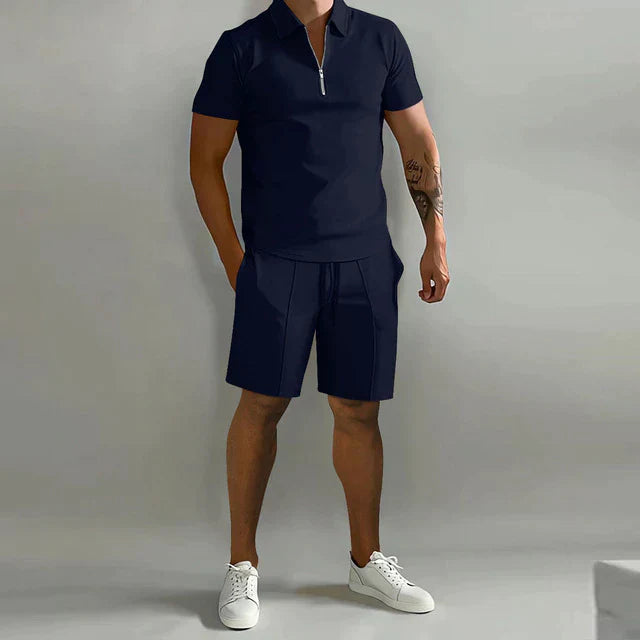 Men's Set – Short-Sleeved Polo with Zipper – Slim Fit – Comfortable Shorts with Drawstring