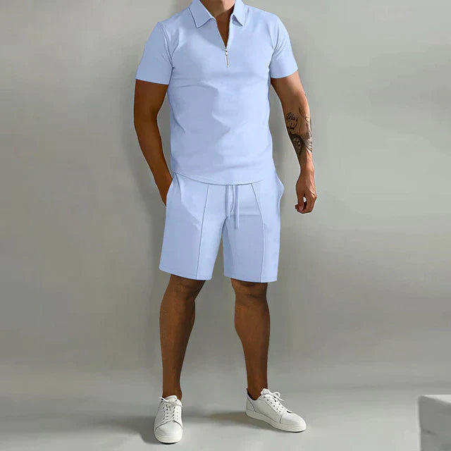 Men's Set – Short-Sleeved Polo with Zipper – Slim Fit – Comfortable Shorts with Drawstring
