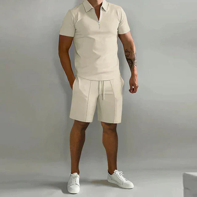 Men's Set – Short-Sleeved Polo with Zipper – Slim Fit – Comfortable Shorts with Drawstring