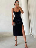 Women's Midi Bodycon Dress - Satin Look - Square Neckline - Spaghetti Straps - High Slit
