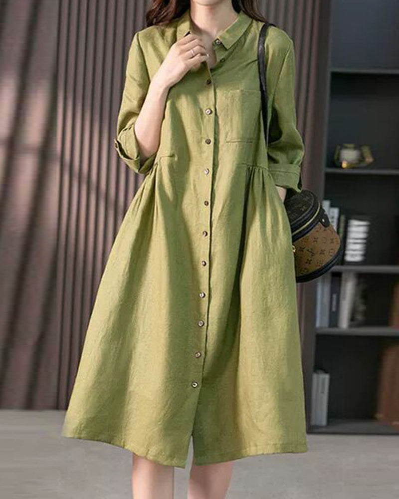 Women's Shirt Dress - Knee-Length A-Line - Lightweight Fabric - 3/4 Sleeves with Buttons
