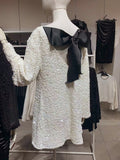 Women's Mini Dress - Sequins - Open Back with Bow - Long-Sleeved Party Dress