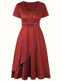 Women's Dress - Wrap Design with V-Neck - Short Sleeves - Elegant Waist Detail
