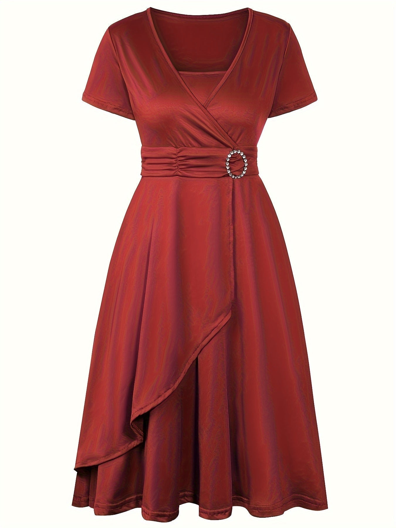 Women's Dress - Wrap Design with V-Neck - Short Sleeves - Elegant Waist Detail