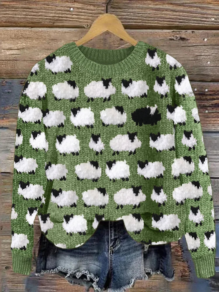 Wool Knit Sheep Print Relaxed Sweater