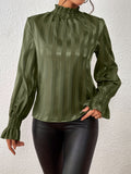 Women's Blouse - High Ruffle Collar - Long-Sleeved Smock Cuff - Glossy Satin Look