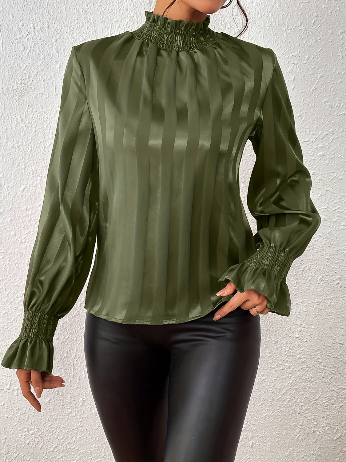 Women's Blouse - High Ruffle Collar - Long-Sleeved Smock Cuff - Glossy Satin Look