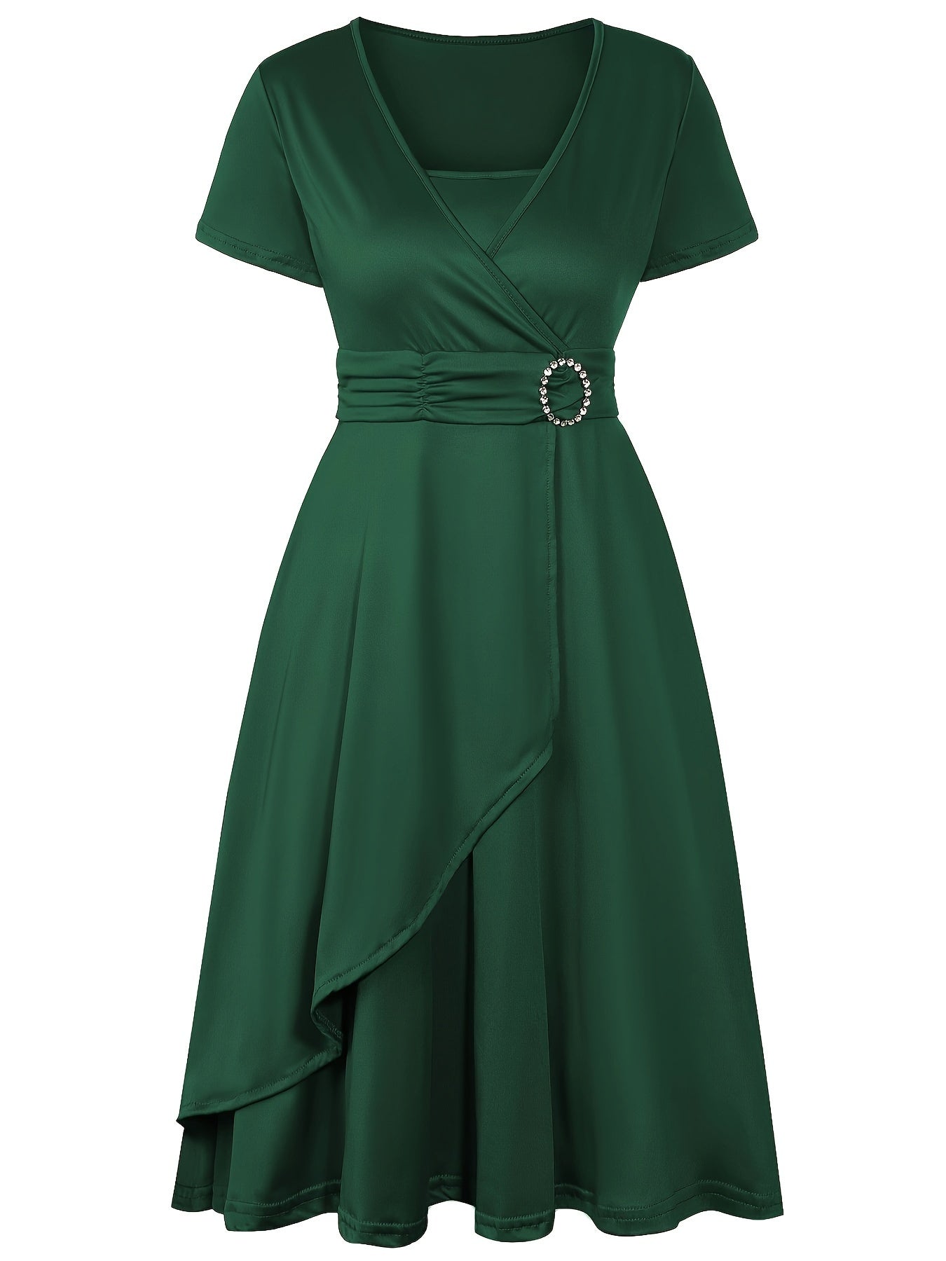 Women's Dress - Wrap Design with V-Neck - Short Sleeves - Elegant Waist Detail