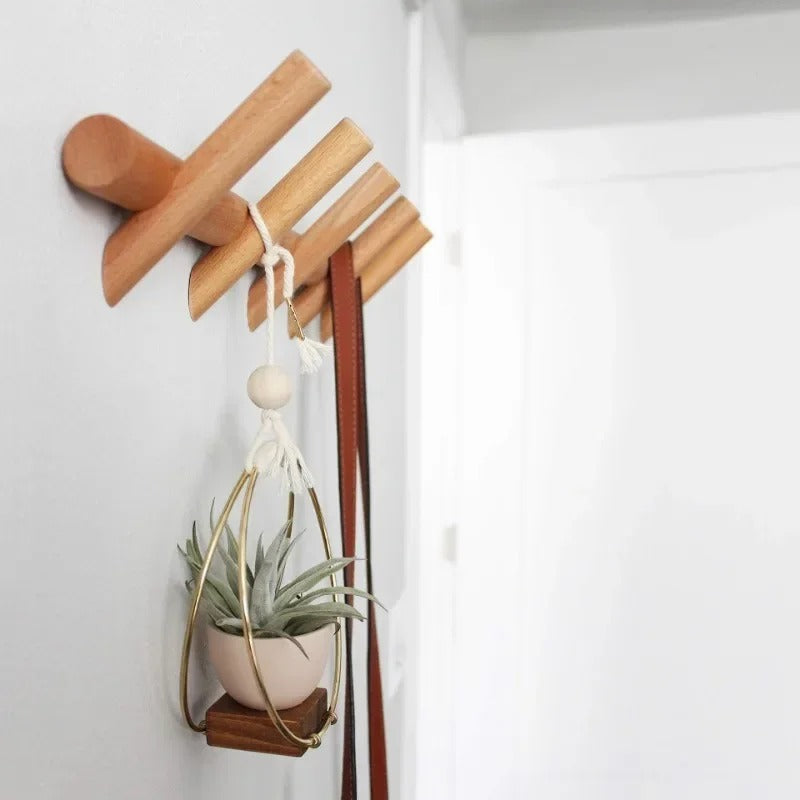 Solid Wood Angled Hooks Wall Peg Rack