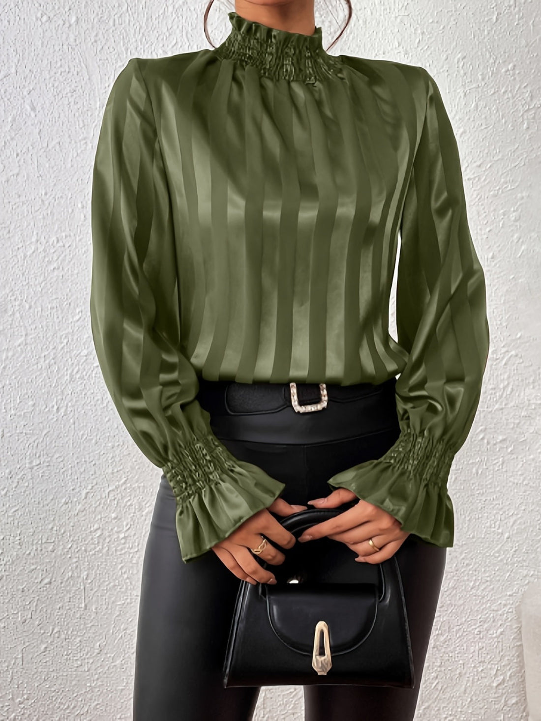 Glossy Satin Ruffle Smock Cuff Blouse