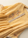 Women's Dress - Embroidered Cotton and Linen - Loose Fit - Button Closure - 3/4 Sleeves
