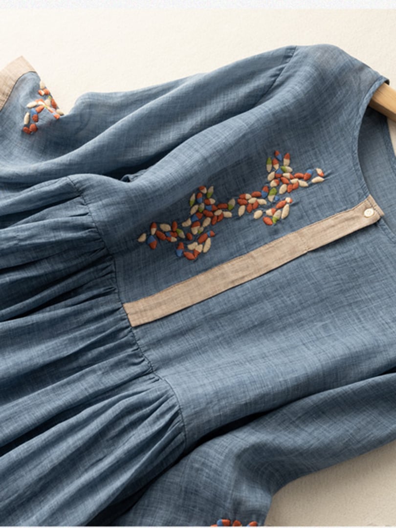 Women's Dress - Embroidered Cotton and Linen - Loose Fit - Button Closure - 3/4 Sleeves