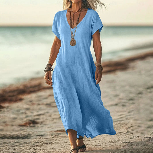 Relaxed A-Line Midi Dress with Breezy V-Neck Silhouette
