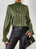 Women's Blouse - High Ruffle Collar - Long-Sleeved Smock Cuff - Glossy Satin Look