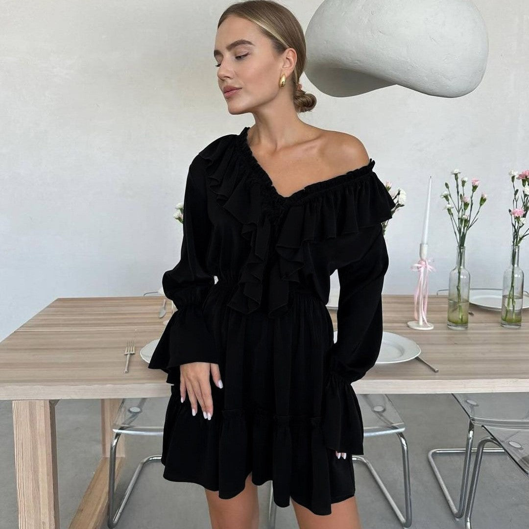 Ruffle Detail V-Neck Long Sleeve Dress