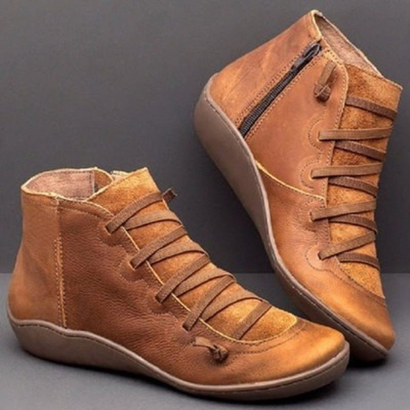 Women's Ankle Boots – Leather – Narrow Fit – Lace-Up – Zipper – Textured Panels