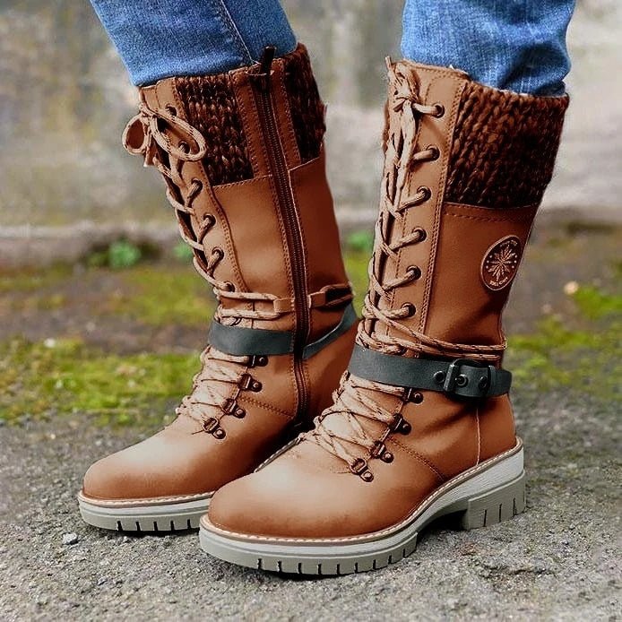 Women's Boots – Mid-Calf Shaft – Lace-Up – Zipper – Knit Edges – Non-Slip Sole