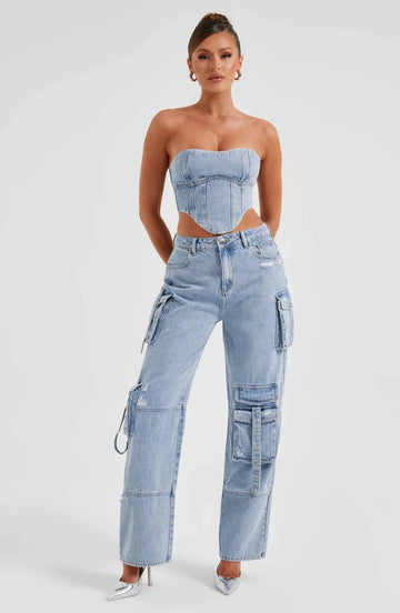 Damekorset – Denim – Figursyet Snit – Korte Snit – Snørelukning Bagpå