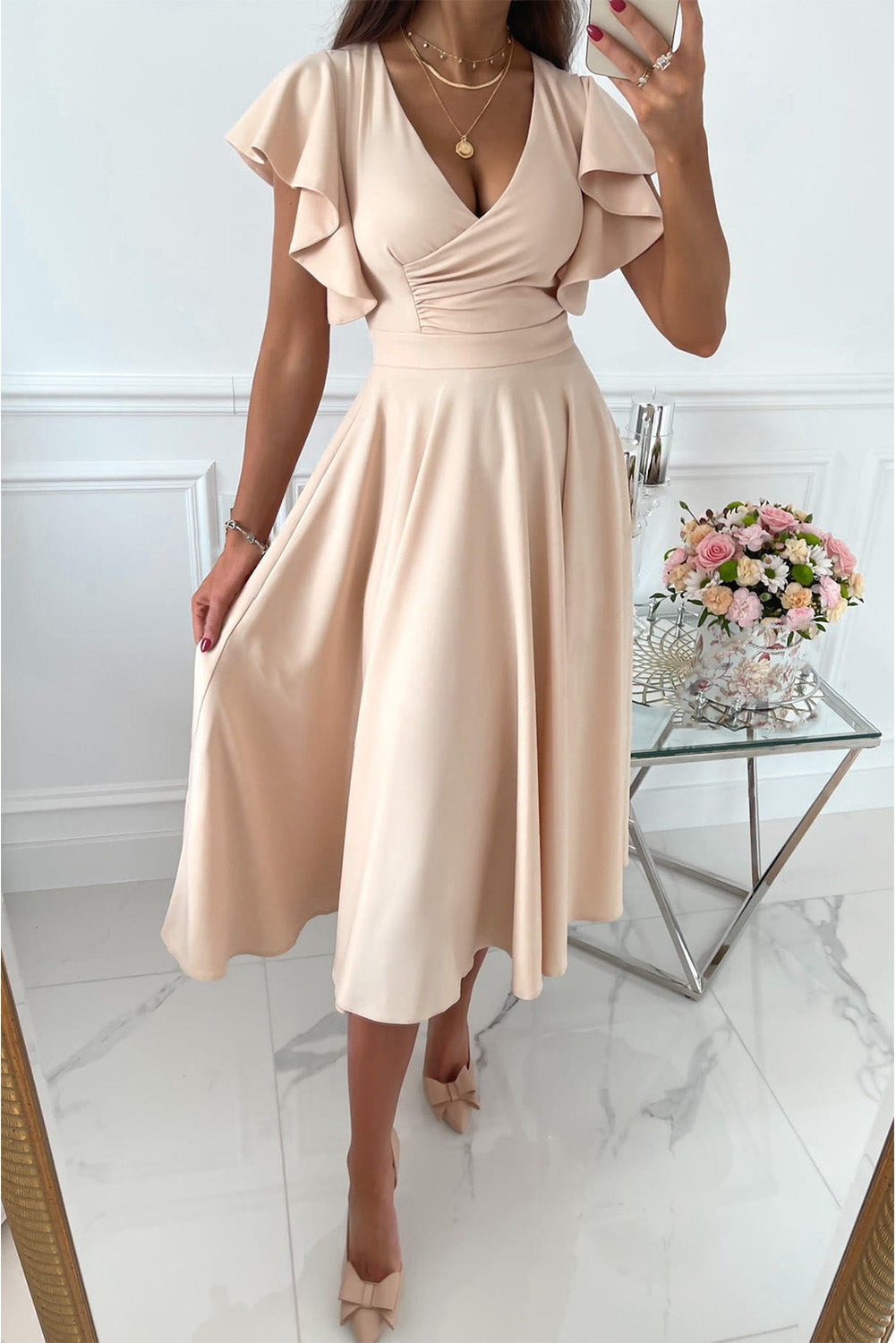 V-Neck Ruffle Sleeve Midi Wrap Dress