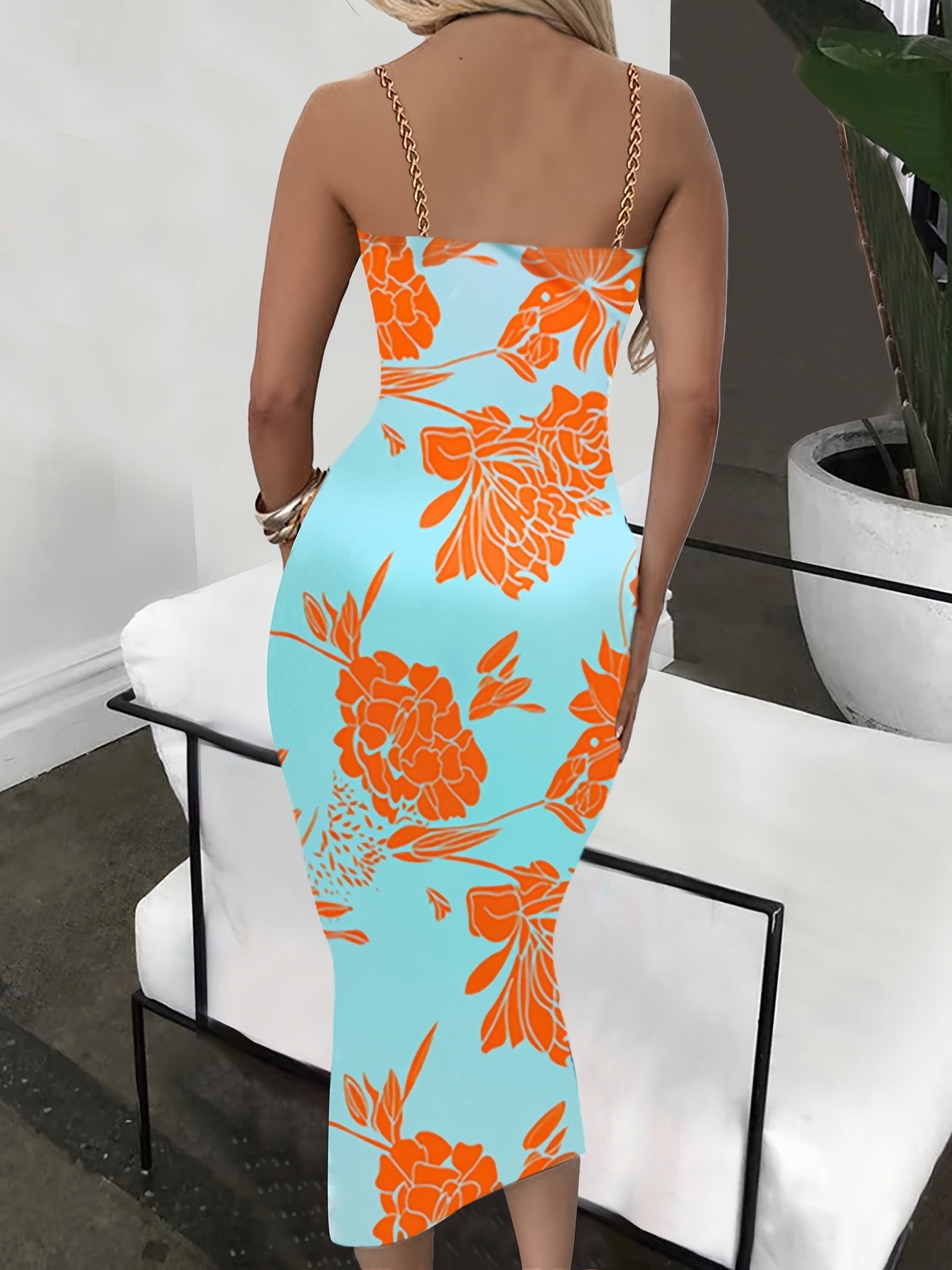 Women's Bodycon Dress - Floral Print - Cut-Out Design - Chain Straps - High Slit