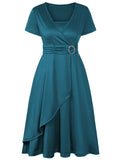 Women's Dress - Wrap Design with V-Neck - Short Sleeves - Elegant Waist Detail