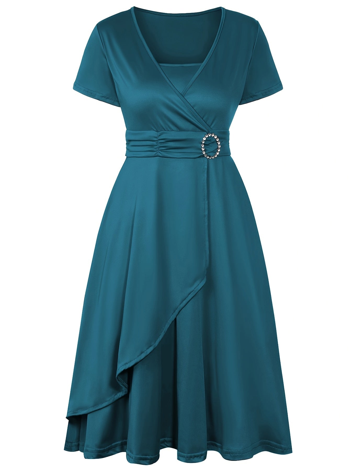 Women's Dress - Wrap Design with V-Neck - Short Sleeves - Elegant Waist Detail
